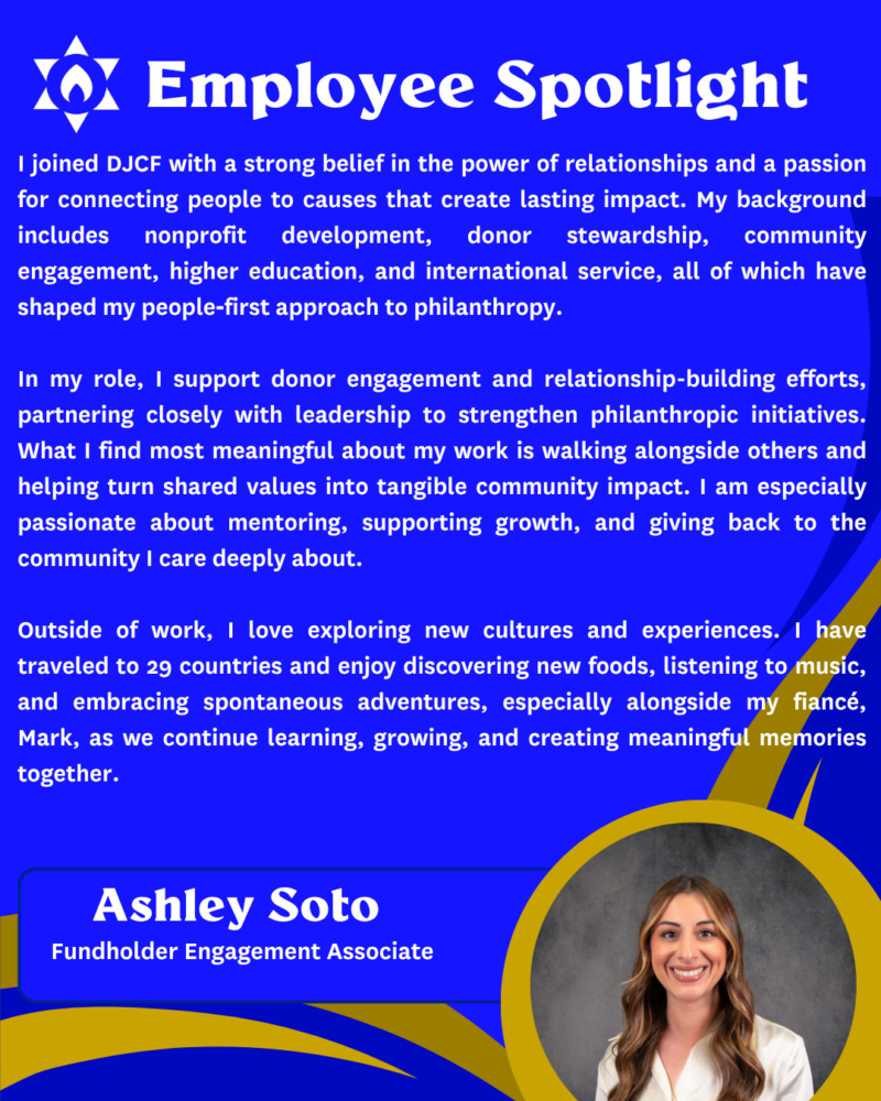 Employee Spotlight banner featuring Ashley Soto, Fundholder Engagement Associate, with her portrait in a gold circular frame at the bottom right on a blue background with white text.