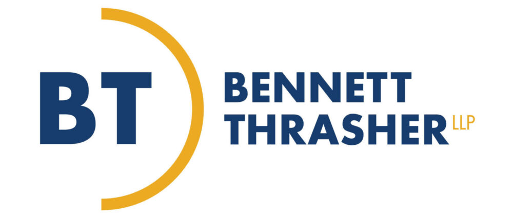 BT Bennett Thrasher LLP logo with navy text and a gold partial circle graphic