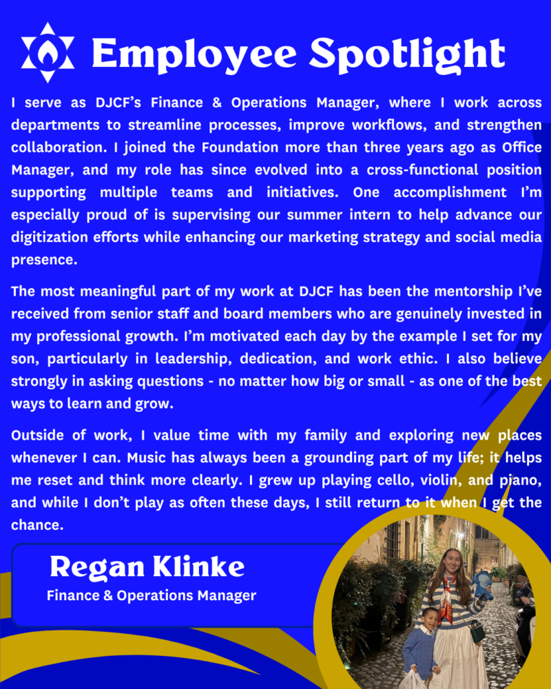 Employee Spotlight page on a blue background, featuring a circular photo of a woman and child and a name badge that reads "Regan Klinke, Finance & Operations Manager."