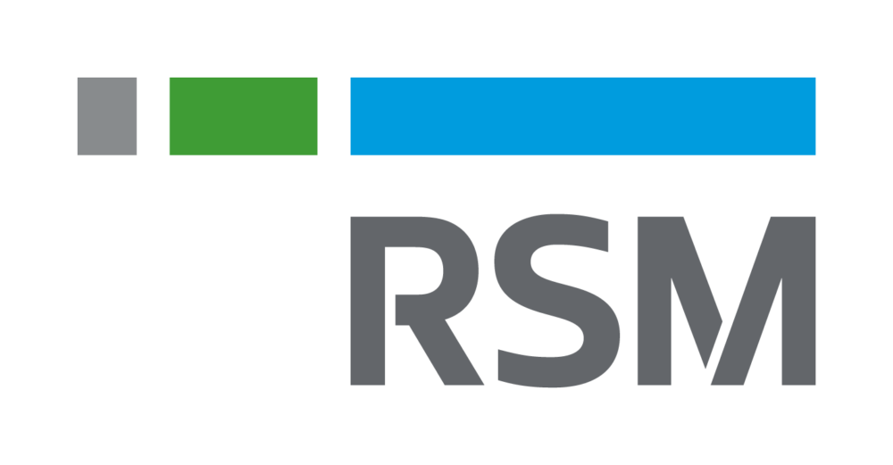 RSM logo: gray 'RSM' wordmark with a gray square, green rectangle, and blue bar above it