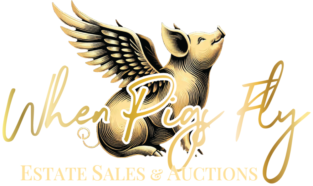 Gold pig with wings jumping over the script text 'When Pigs Fly' and 'Estate Sales & Auctions'.