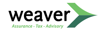 Weaver logo with black 'weaver' wordmark, a green abstract swoosh, and the green tagline 'Assurance, Tax, Advisory'.