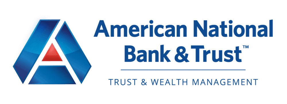 American National Bank & Trust logo featuring a blue geometric 'A' with a red inner triangle and the company name.