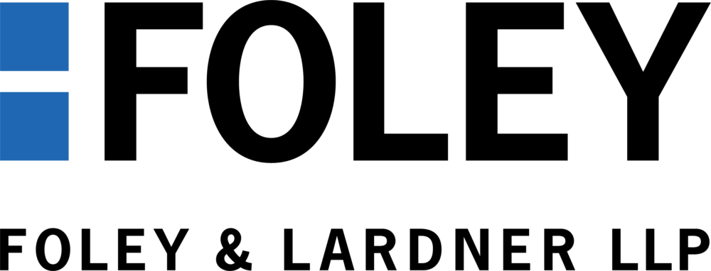 Foley Logo Color - Dallas Jewish Community Foundation Two blue squares arranged vertically on the left side of a black canvas.