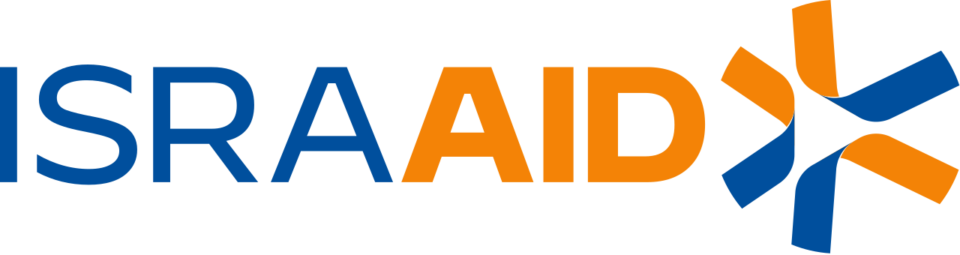 ISRA AID logo: blue and orange wordmark with a blue/orange starburst symbol to the right.