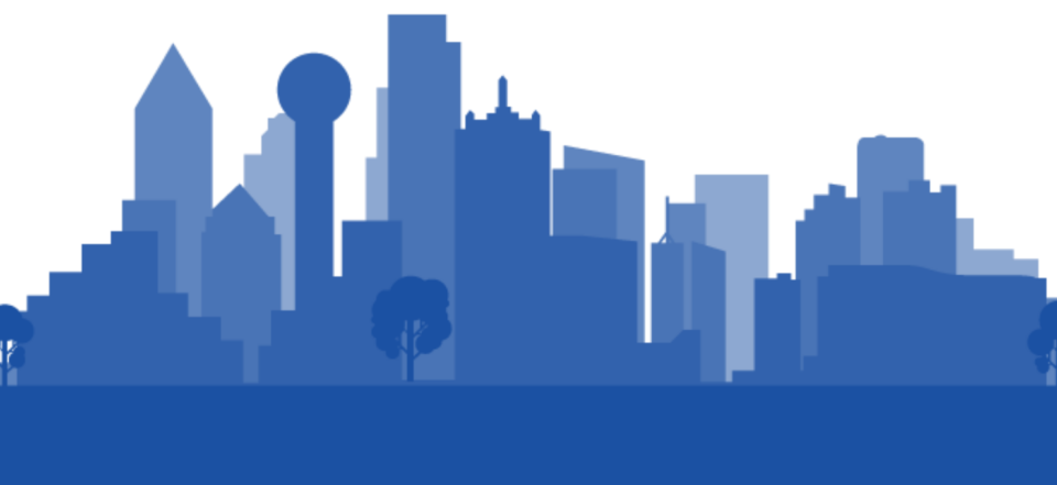 Blue city skyline silhouette with tall skyscrapers along a river and trees in foreground, decorative graphic.