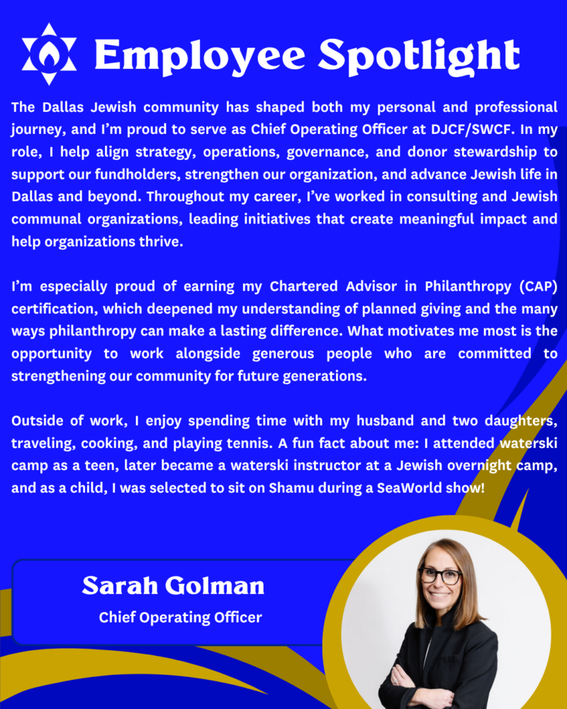Employee Spotlight card introducing Sarah Golman, Chief Operating Officer, with her portrait on a blue background.